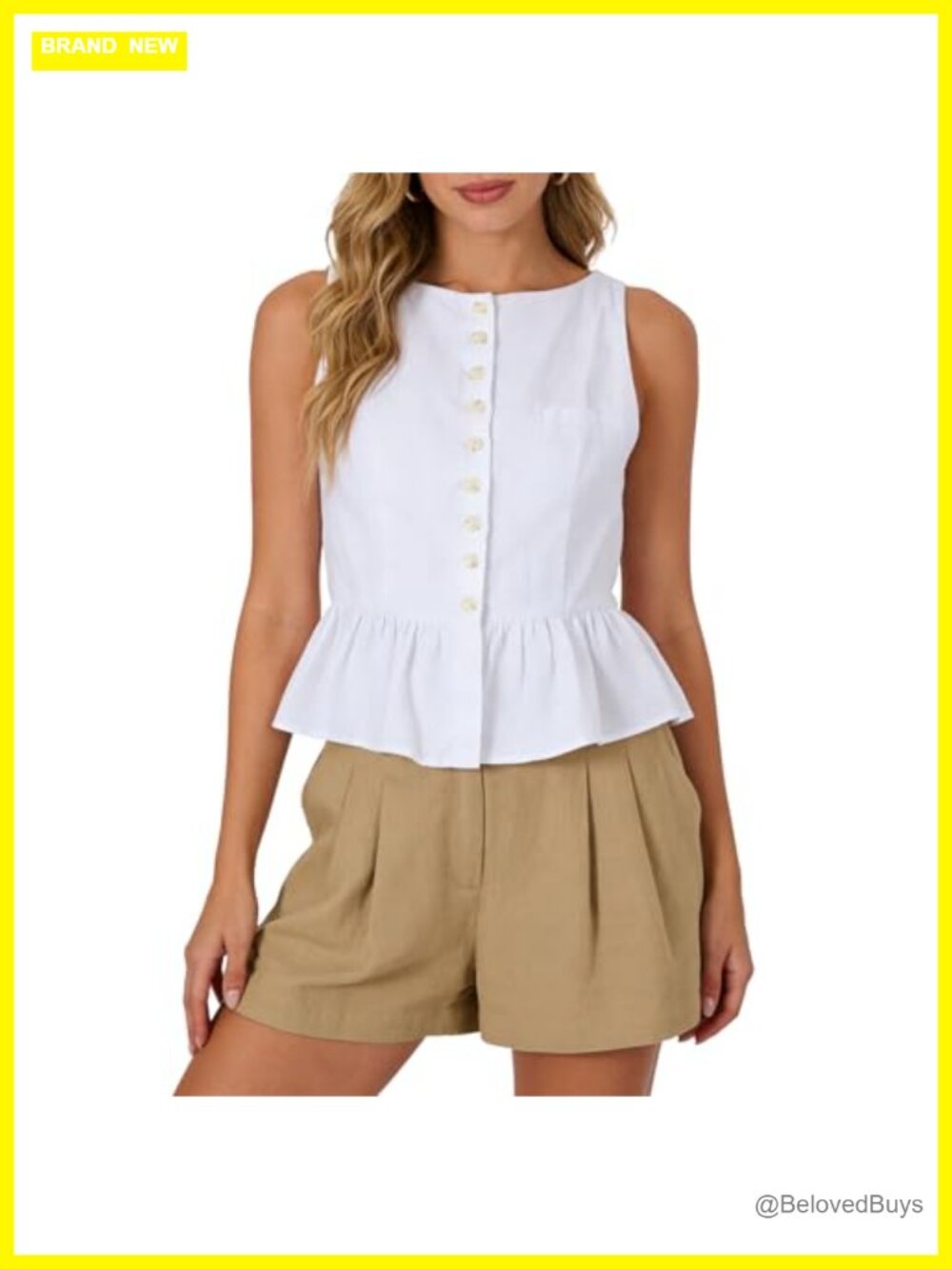 100% Linen Peplum Button Tank Top Sleeveless Ruffled Hem